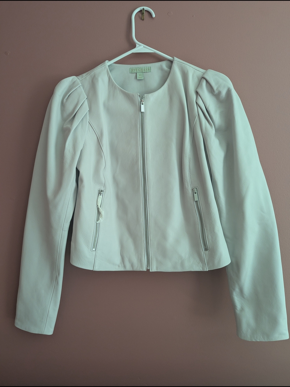 NWT Ryegrass Genuine Leather Jacket – Grey Puff Shoulder Moto Style XS